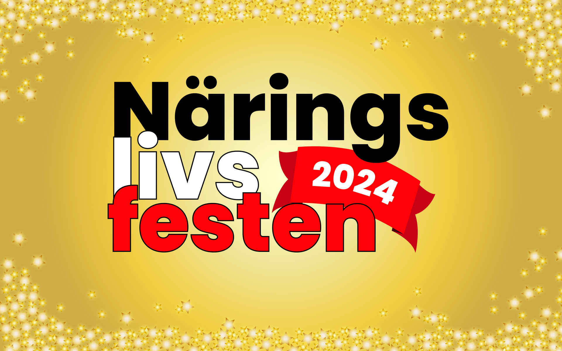 Texten Näringslivsfesten 2024 på en guldglittrande bakgrund.