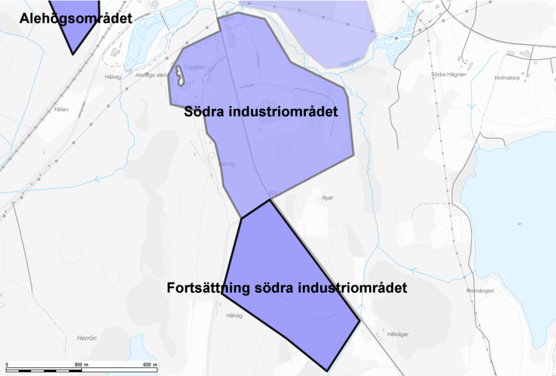 Karta över södra industriområdet och fortsättning södra industriområdet.