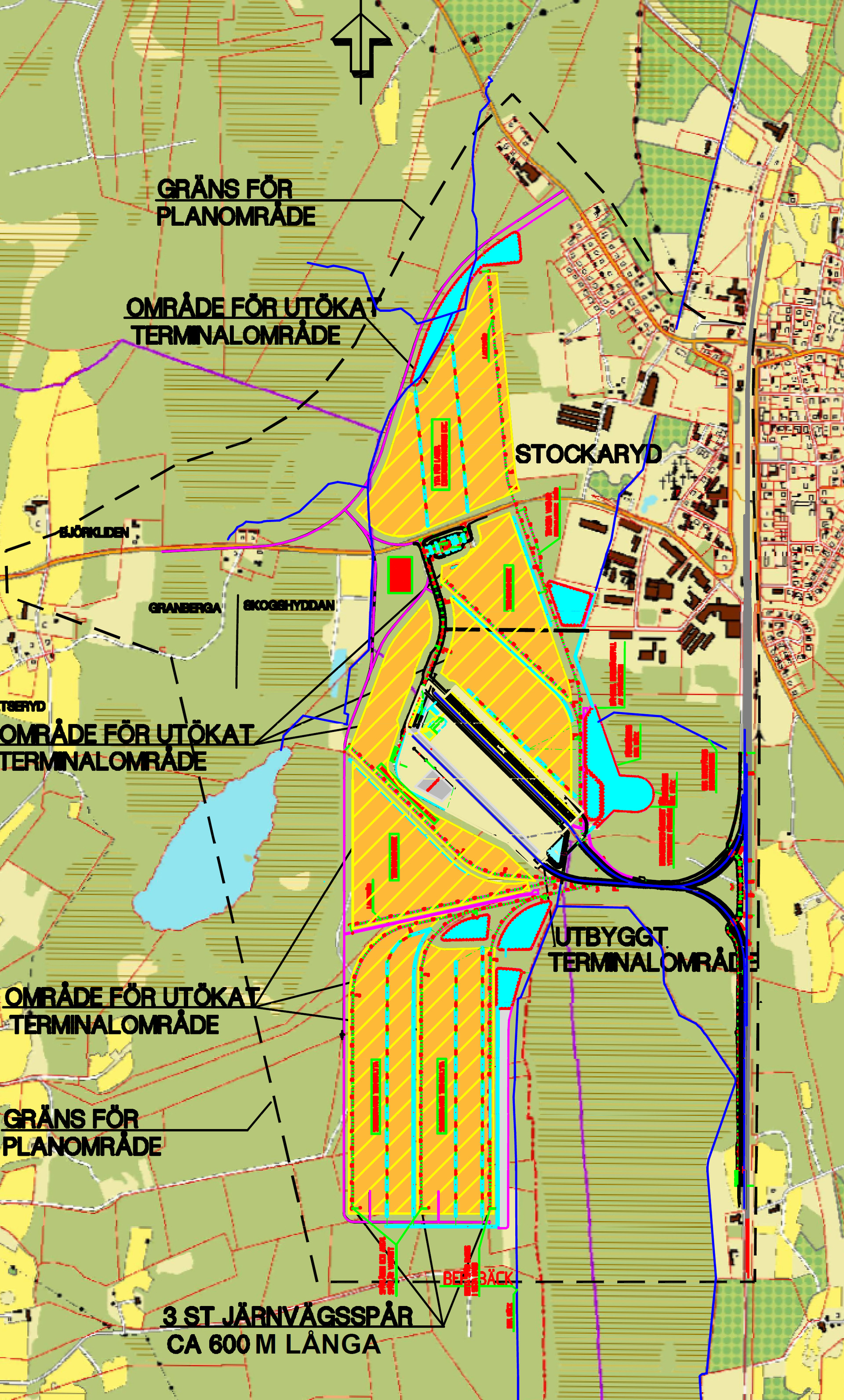 Karta från den gamla fördjupade översiktsplanen som visar hur Stockarydsterminalen kan utvecklas och som fortfarande är ett viktigt underlag för kommande planering i Stockarydsterminalen.