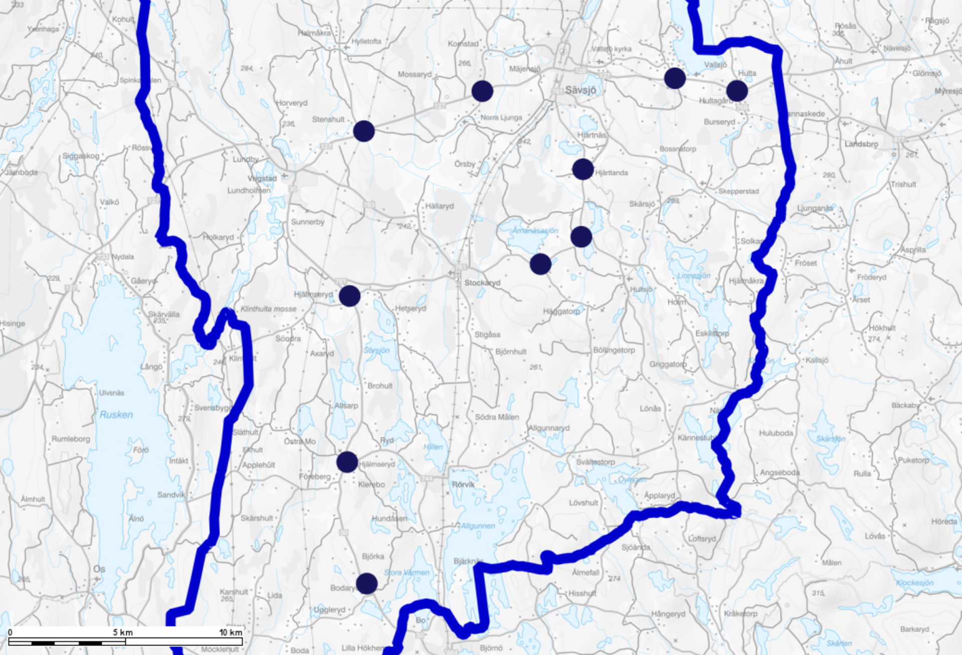 Karta över föreslagna bytespunkter.