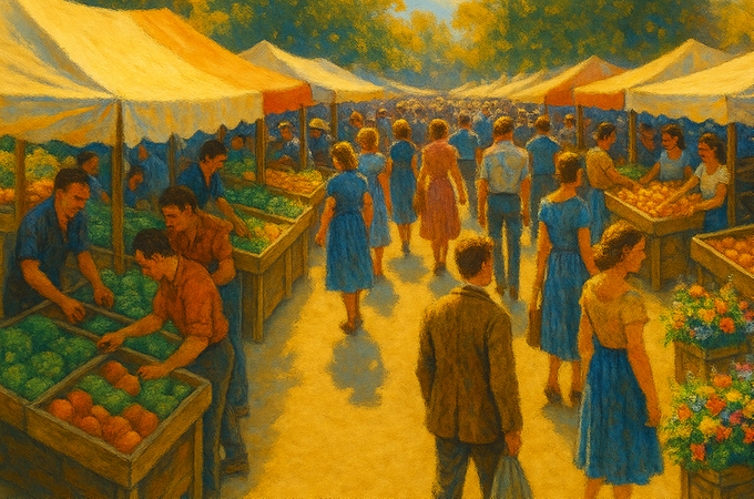 AI-genererad bild som visar människor som går på marknad